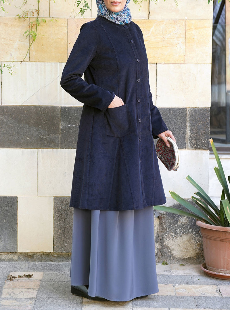 Pocketed Buttoned Corduroy Tunic