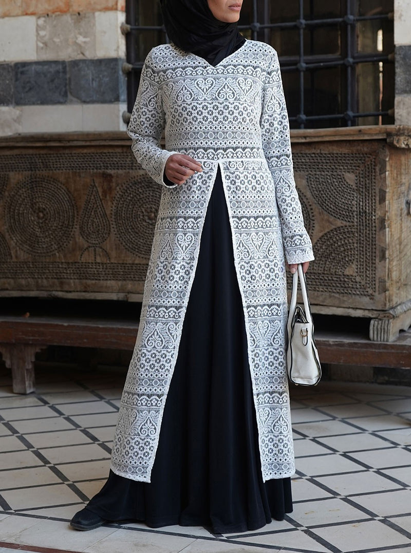 Lace Overlay Abaya Gown