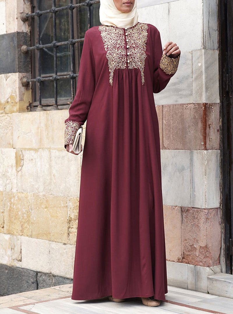 Embroidered Abaya Gown with Gathering