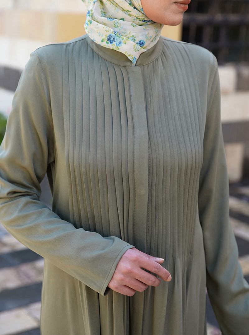 Pleated Rayon Twill Shirtdress