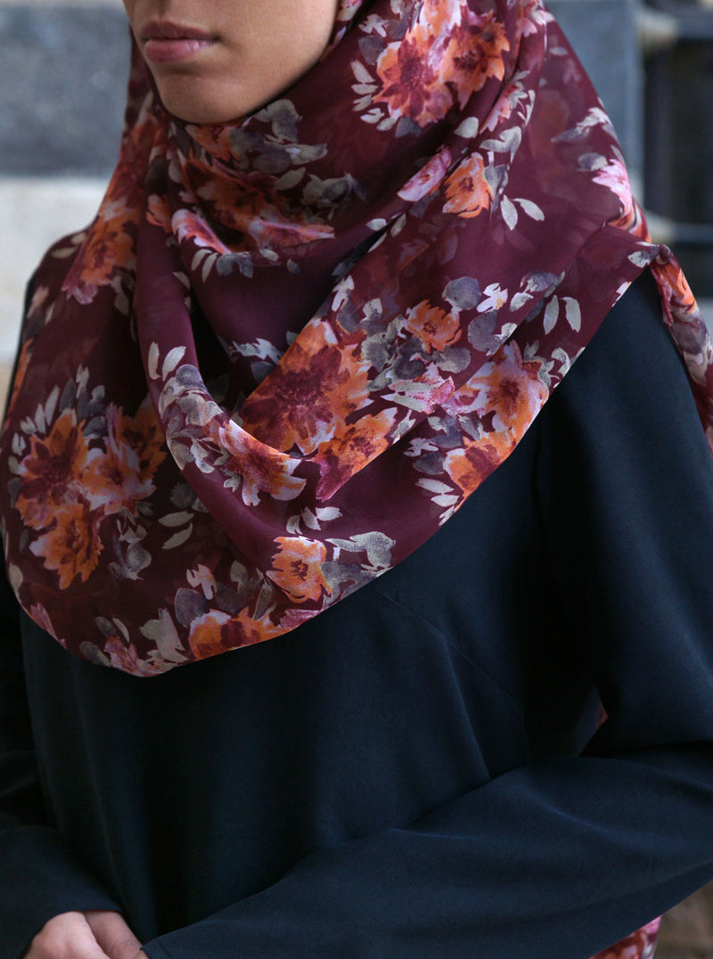 Maroon Flowers Soft Chiffon Hijab