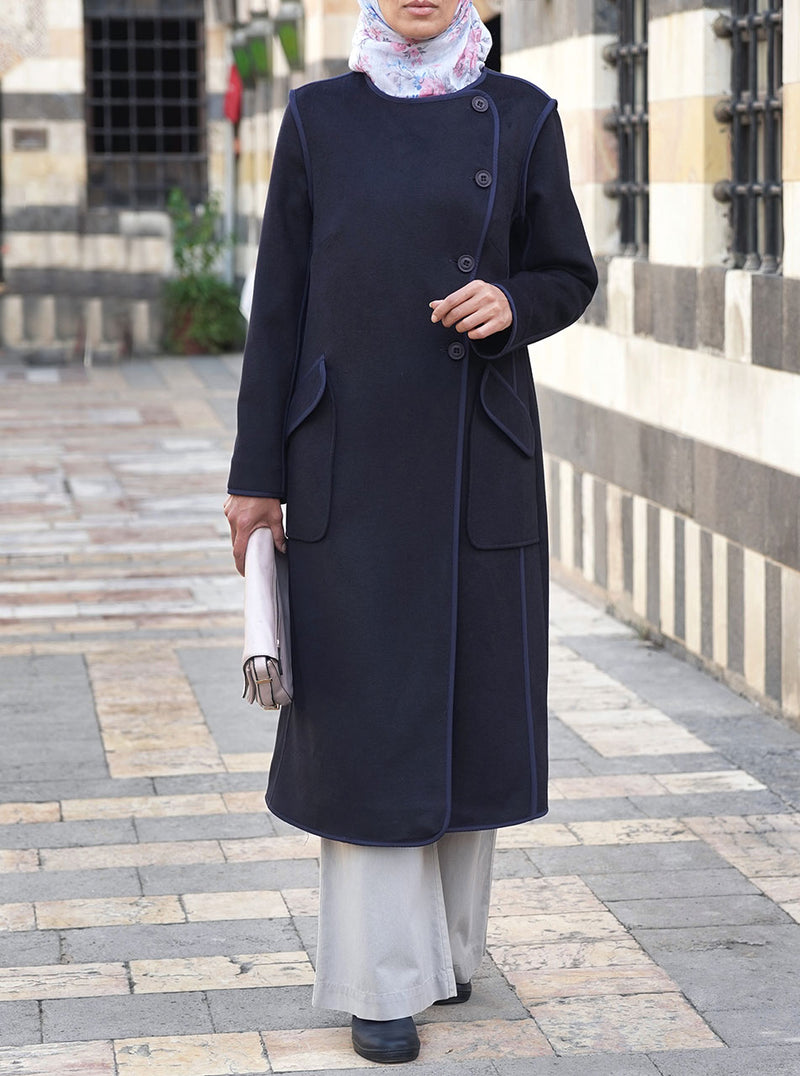 Wool Coat with Cotton Trim