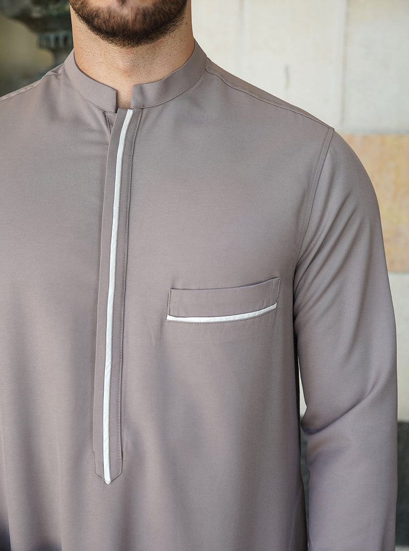 mens islamic thobe with open collar and contrast detailing