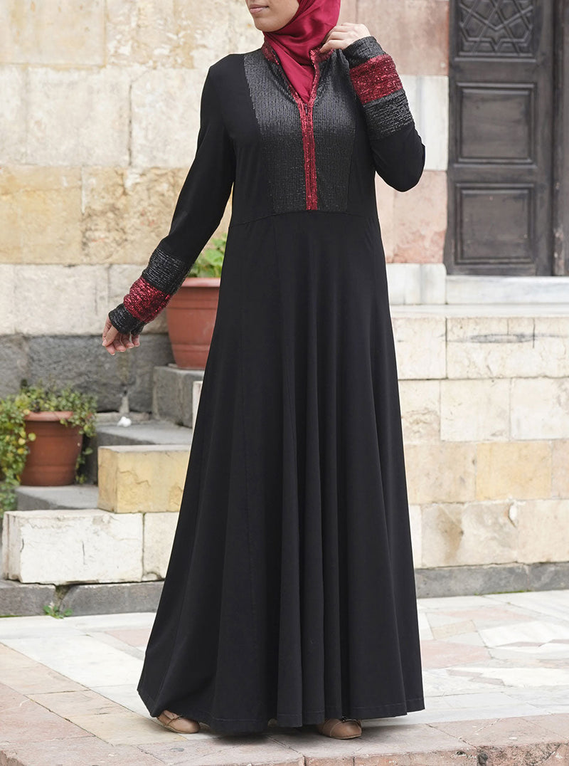 Black and Red Sequin Abaya Gown