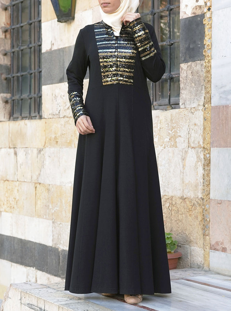 Black and Gold Sequin Abaya Gown