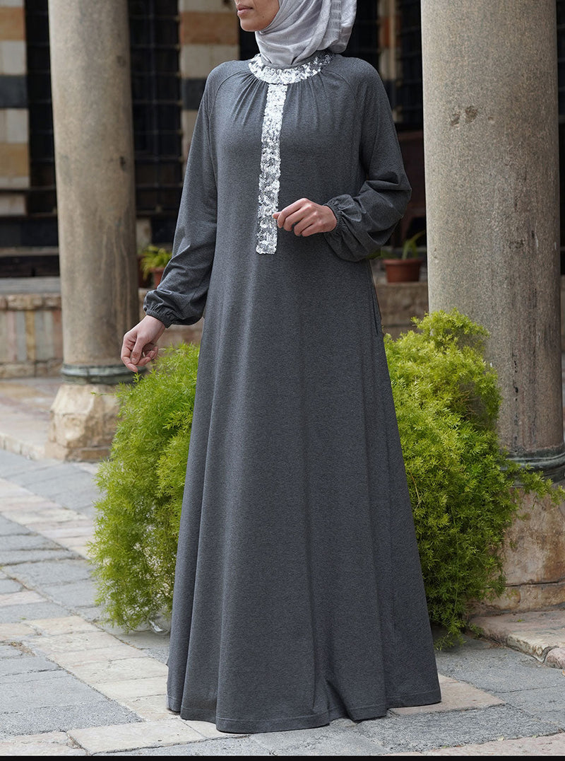Sequin Neckline Jersey Abaya