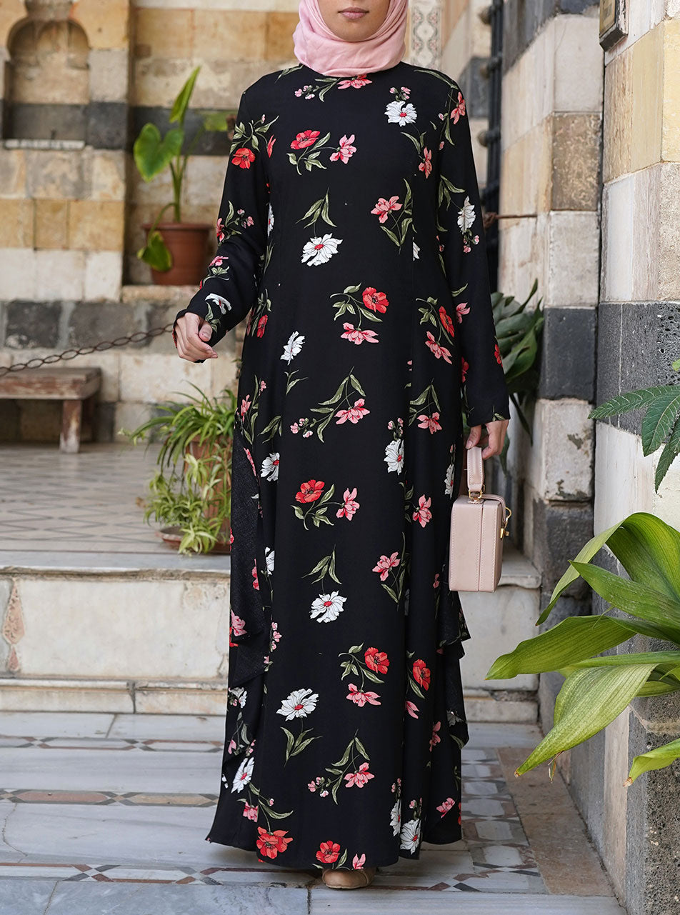 Printed Abaya with Side Flounces
