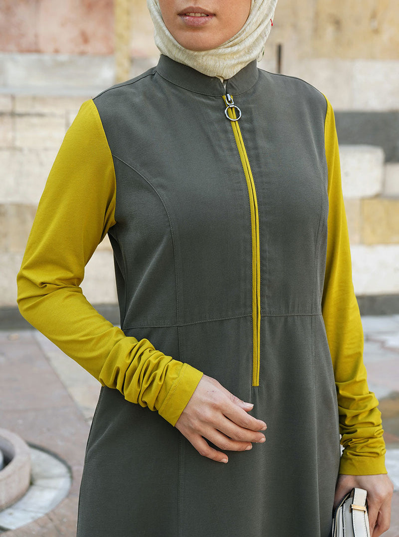 Dual Fabric Ruched Sleeves Maxi Dress