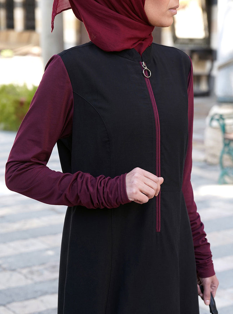 Dual Fabric Ruched Sleeves Maxi Dress