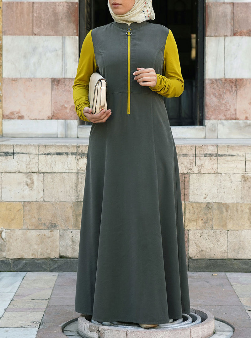 Dual Fabric Ruched Sleeves Maxi Dress