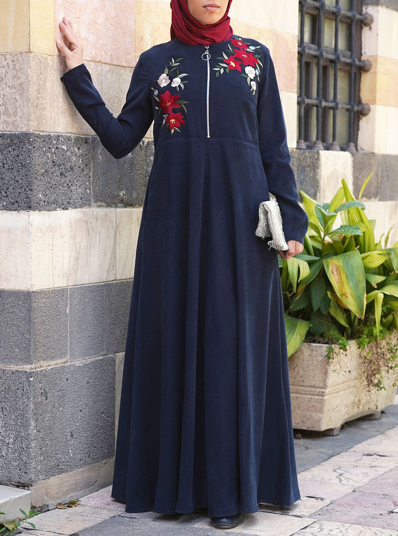 Embroidered Zipper Opening Abaya Gown