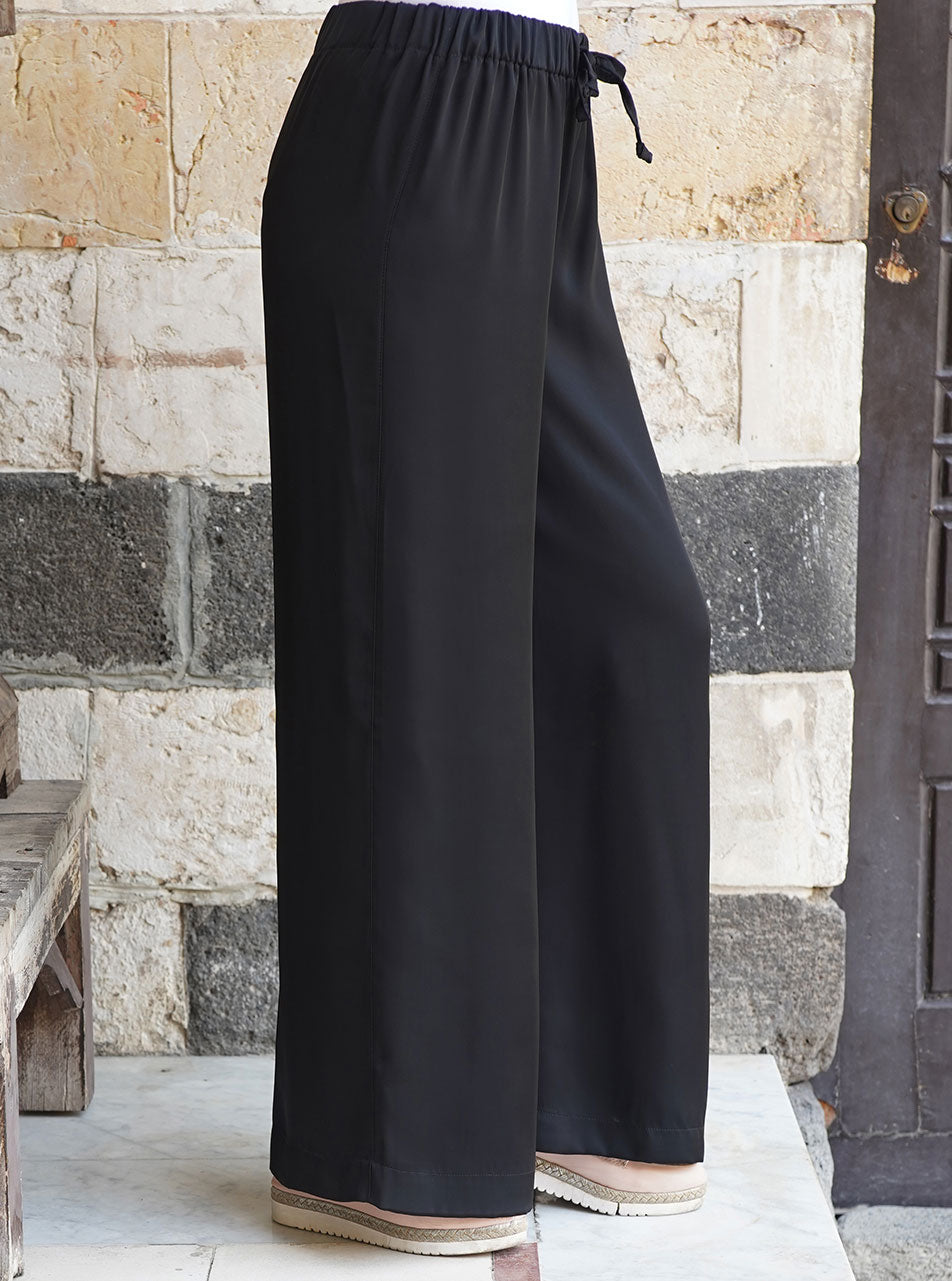 Comfort Waist Satin Trousers - Wide Leg Trousers - Women